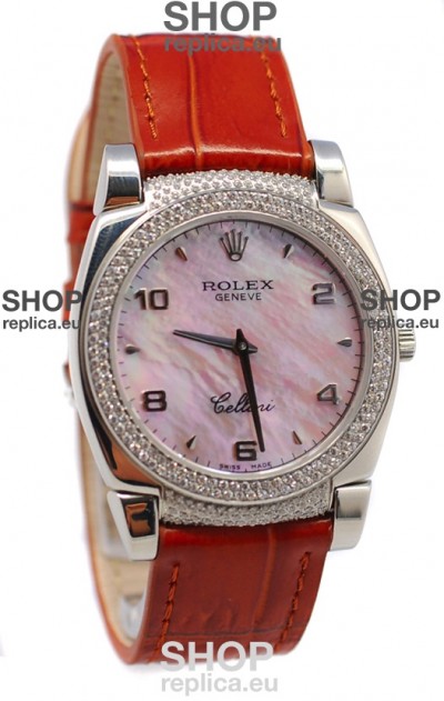 Rolex Cellini Cestello Ladies Swiss Watch Pink Pearl Face Diamonds Bezel and Lugs