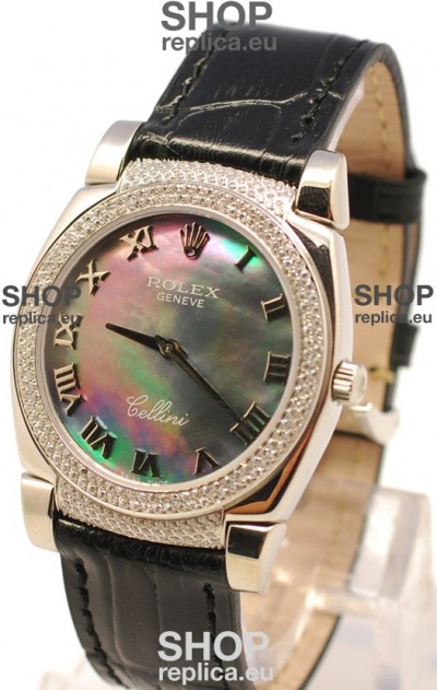 Rolex Cellini Cestello Ladies Swiss Watch in Black Pearl Face Diamonds Bezel and Lugs