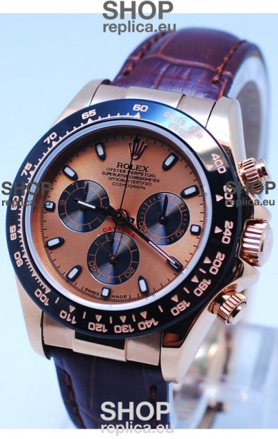 Rolex Daytona Chronograph MonoBloc Cerachrom Bezel Swiss Replica Watch in Rose Gold Plated Dial 