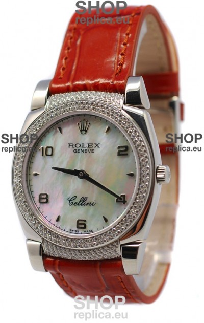 Rolex Cellini Cestello Ladies Swiss Watch Beige Pearl Face Diamonds Bezel and Lugs
