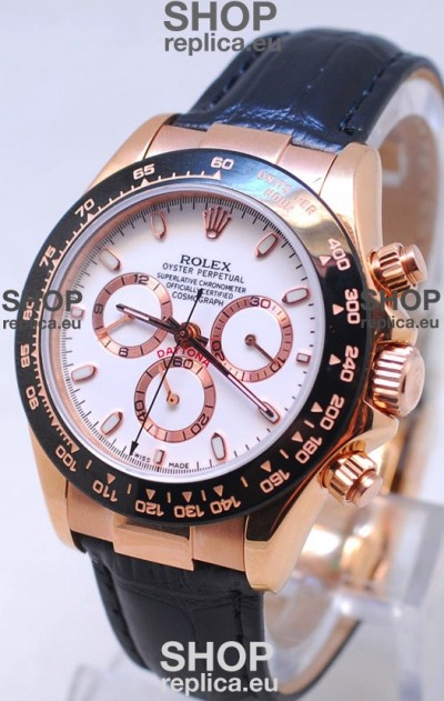 Rolex Daytona MonoBloc Cerachrom Bezel Swiss Replica Rose Gold Plated Watch in White Dial