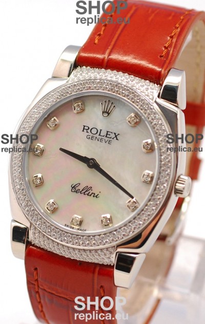 Rolex Cellini Cestello Ladies Swiss Watch in White Pearl Face Diamonds Hour, Bezel and Lugs