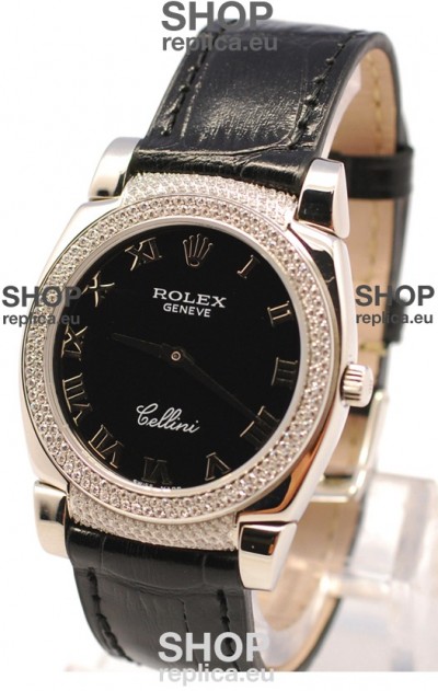 Rolex Cellini Cestello Ladies Swiss Watch in Black Face Roman Markers