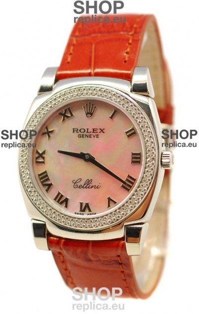 Rolex Cellini Cestello Ladies Swiss Watch Beige Pearl Roman Face Diamonds Bezel
