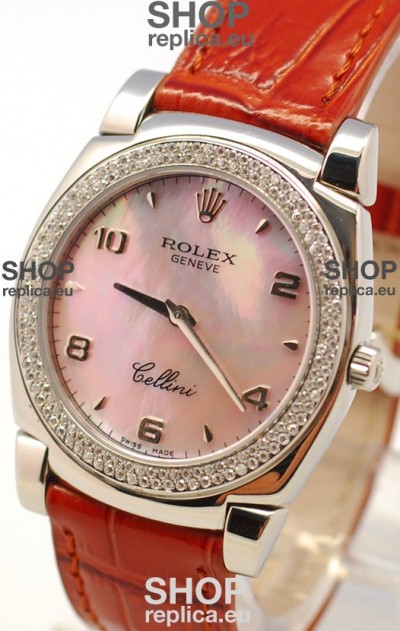 Rolex Cellini Cestello Ladies Swiss Watch in Pink Pearl Face Diamonds Bezel