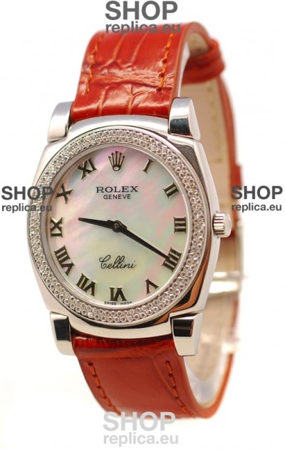 Rolex Cellini Cestello Ladies Swiss Watch White Pearl Roman Diamonds Bezel