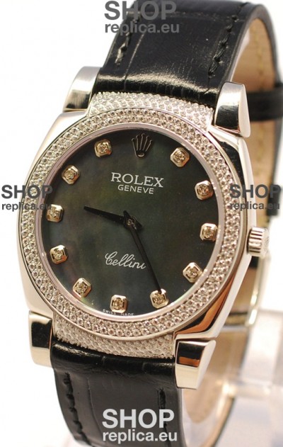 Rolex Cellini Cestello Ladies Swiss Watch in Black Pearl Face Diamonds Markers
