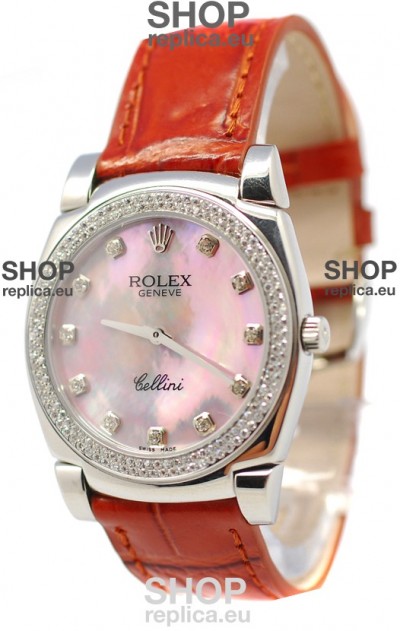 Rolex Cellini Cestello Ladies Swiss Watch Pink Pearl Diamonds Bezel and Hours Markers