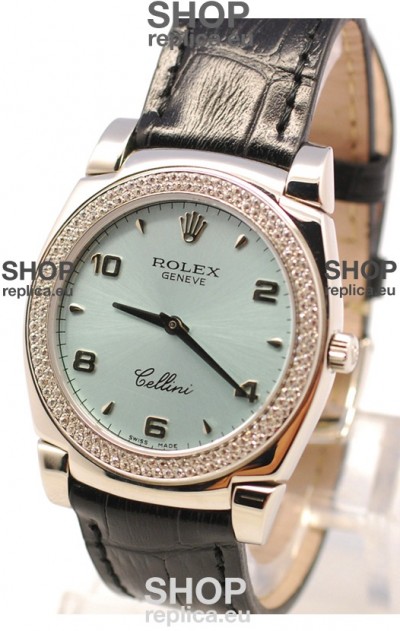 Rolex Cellini Cestello Ladies Swiss Watch in Blue Face Black Leather Strap Diamonds Bezel 