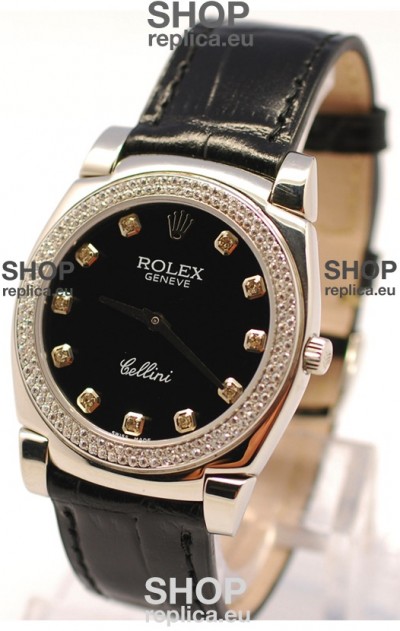 Rolex Cellini Cestello Ladies Swiss Watch in Black Face and Diamond Markers